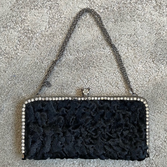 Clara Kasavina Handbags - Clara Kasavina Black Fur Swarovski Crystal Embellished Evening Bag Clutch